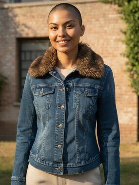 Ralph Lauren Denim Jacket Sz Sm Y2K Faux Fur Stitching Button Up